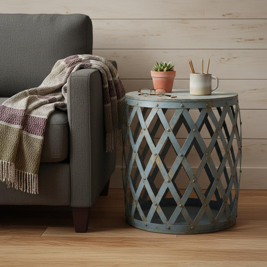 17" Rusted Blue Iron Lattice Round End Table