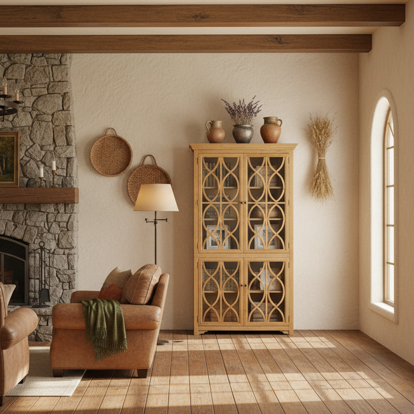 87" Natural Wood Geometric Helix Cabinet with Four Doors
