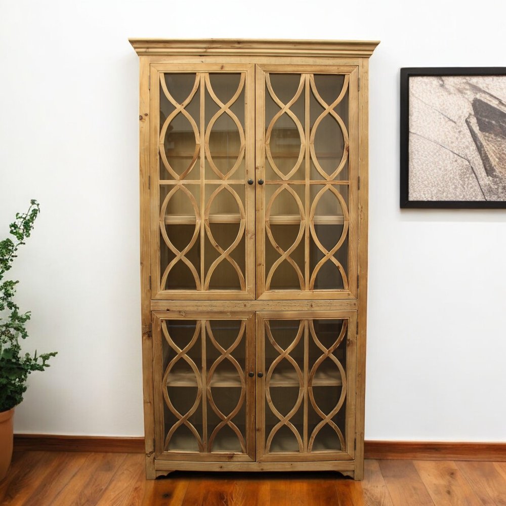 87" Natural Wood Geometric Helix Cabinet with Four Doors