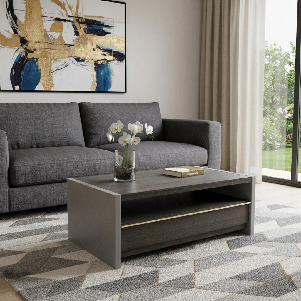 47" Dark Gray Walnut and Concrete Coffee Table with Drawer