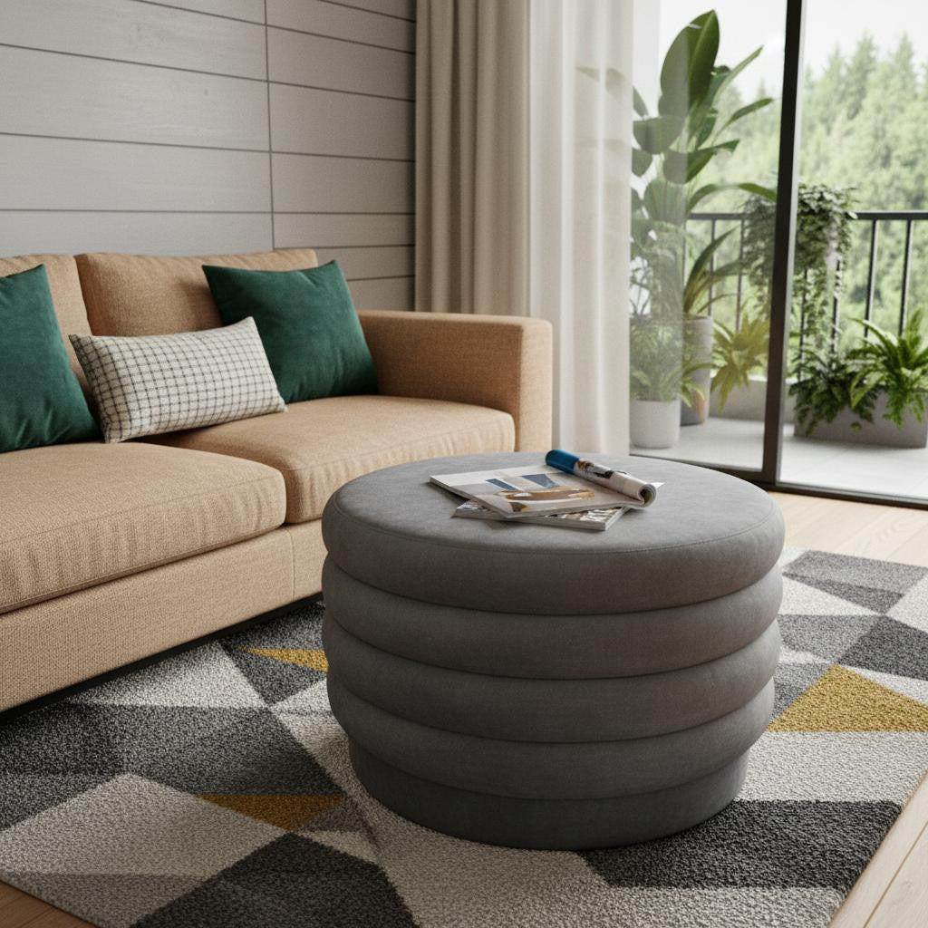 31" Ribbed Velvet Round Ottoman