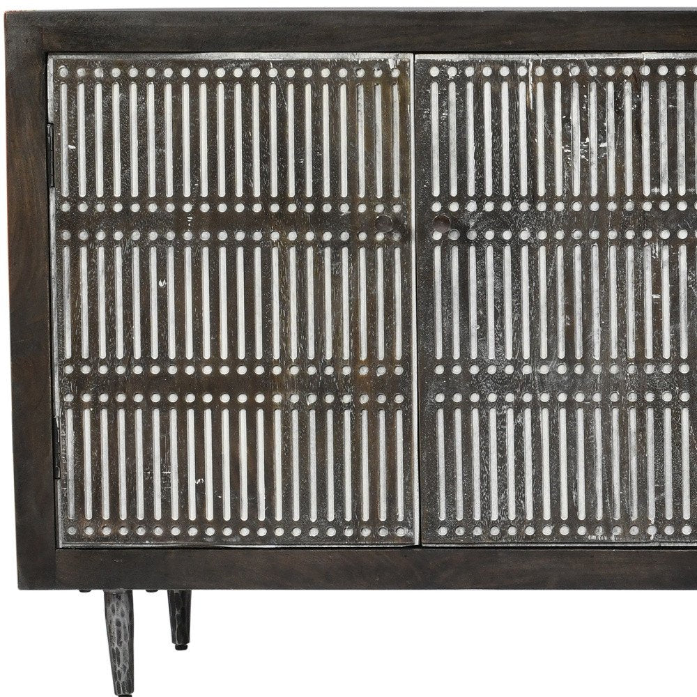 92" Carved 4-Door Wood Mid-Century Entertainment Stand