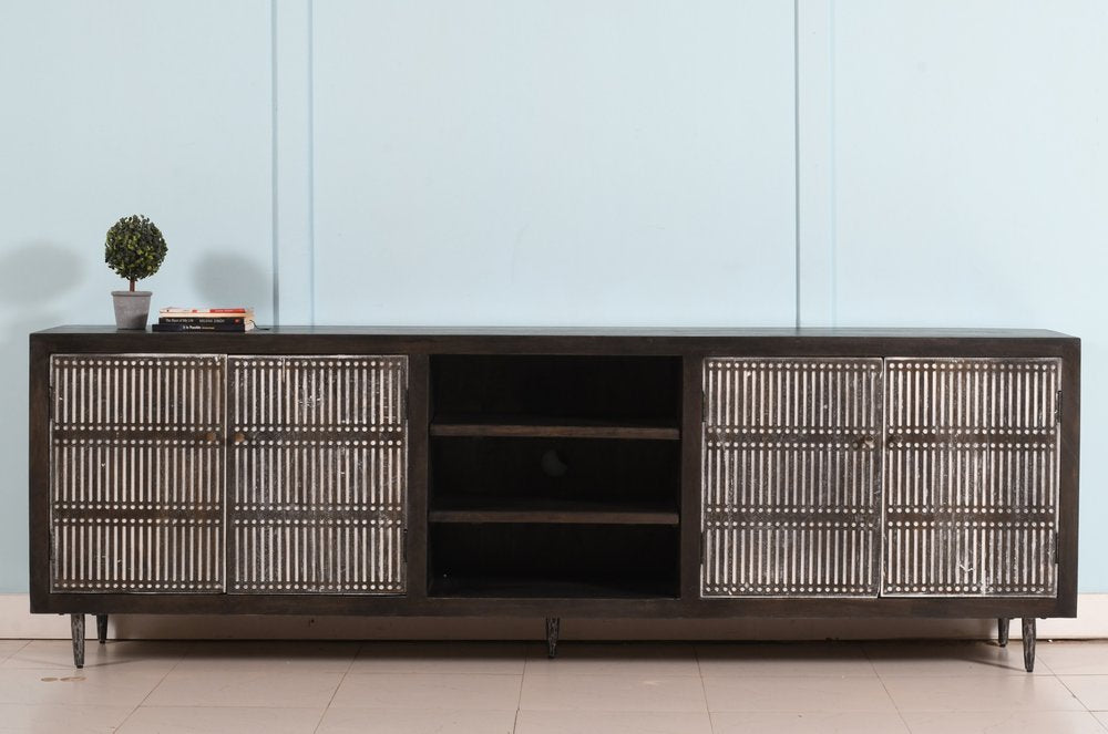 92" Carved 4-Door Wood Mid-Century Entertainment Stand