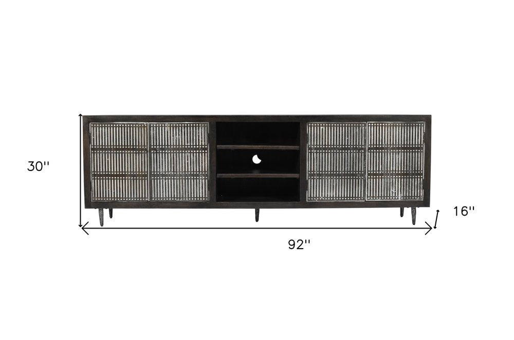 92" Carved 4-Door Wood Mid-Century Entertainment Stand