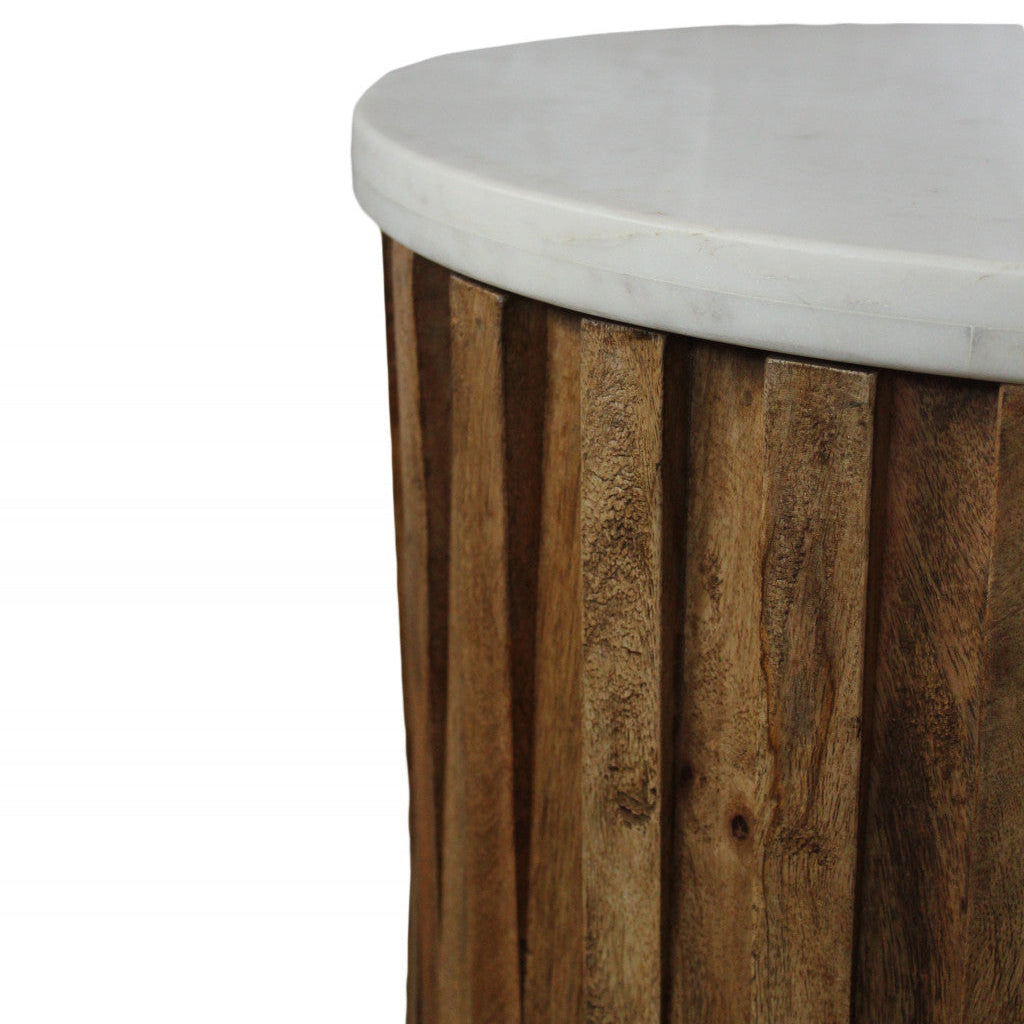18" Brown Fluted Wood and Marble Table