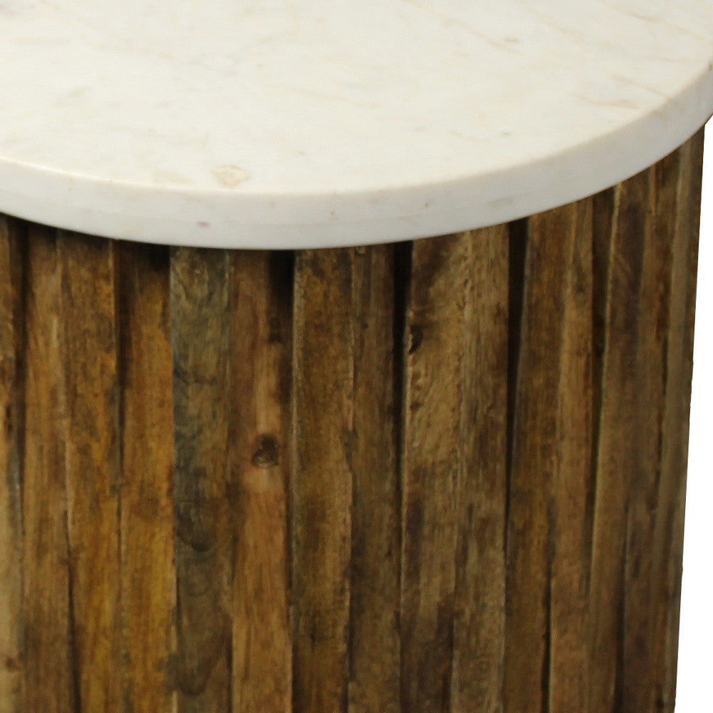 18" Brown Fluted Wood and Marble Table
