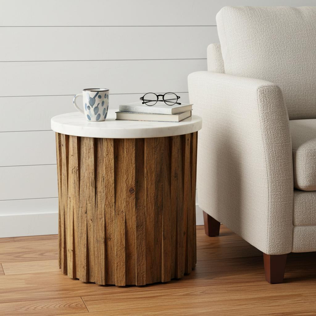 18" Brown Fluted Wood and Marble Table