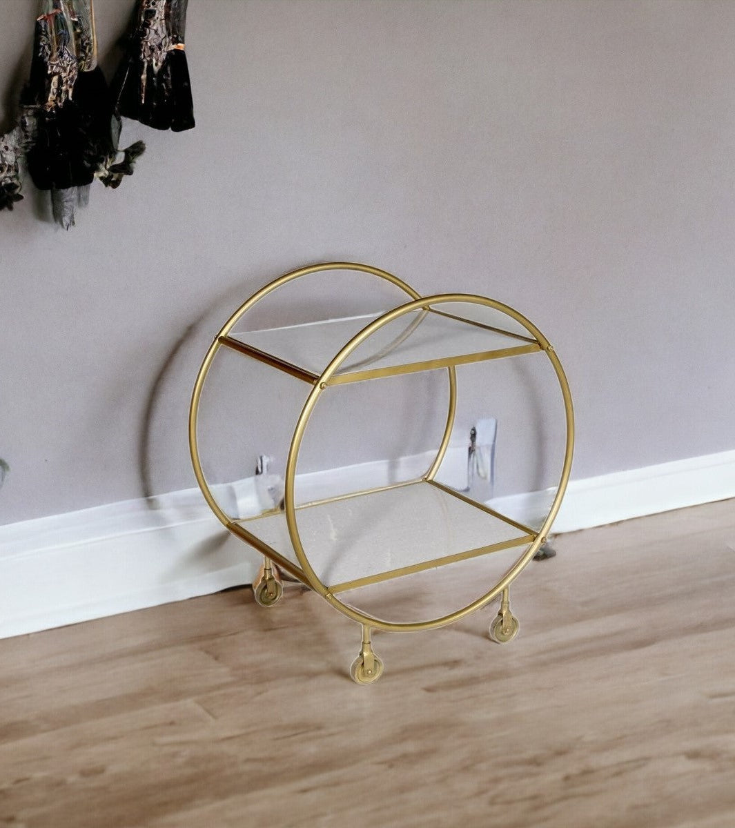 26" Gold and Gray Metal and Marble Bar Cart