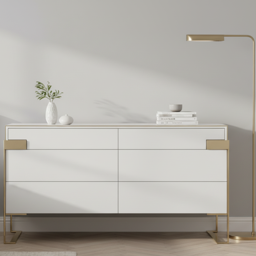 60" White and Gold Wood and Metal Contemporary Dresser
