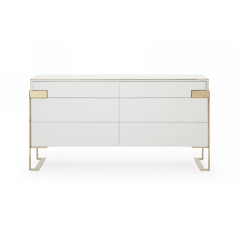 60" White and Gold Wood and Metal Contemporary Dresser