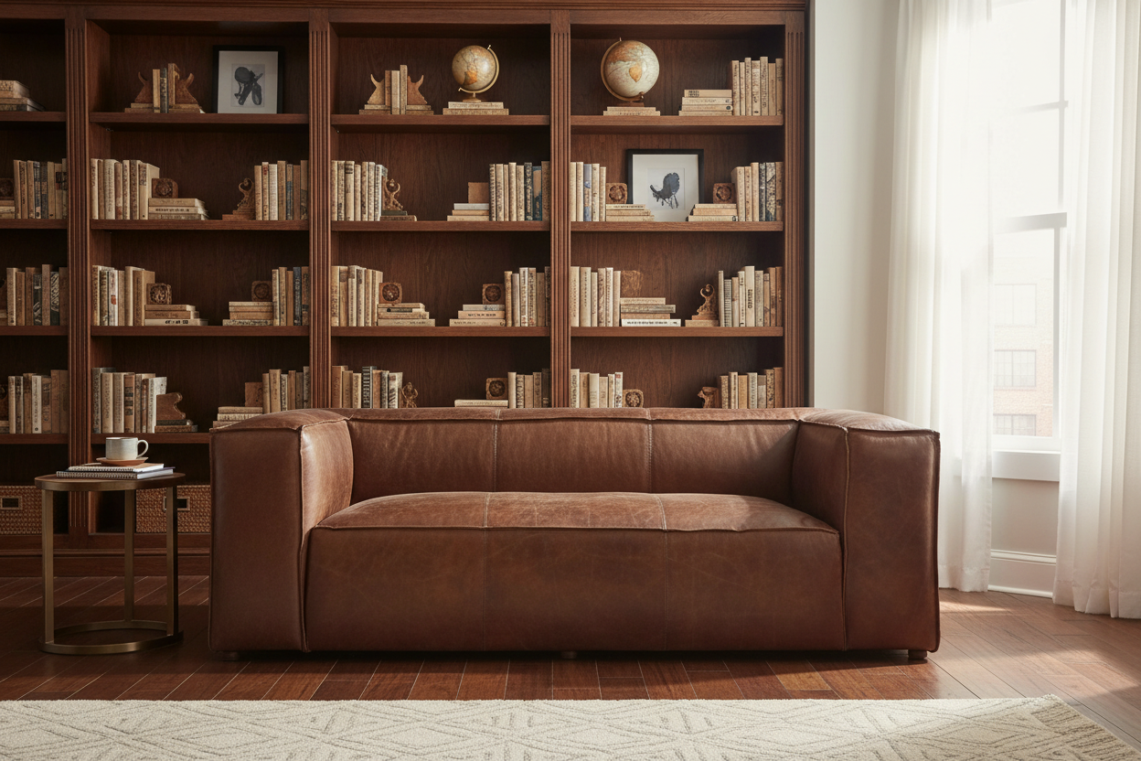 98" Brown Top-Grain Leather Tuxedo Sofa