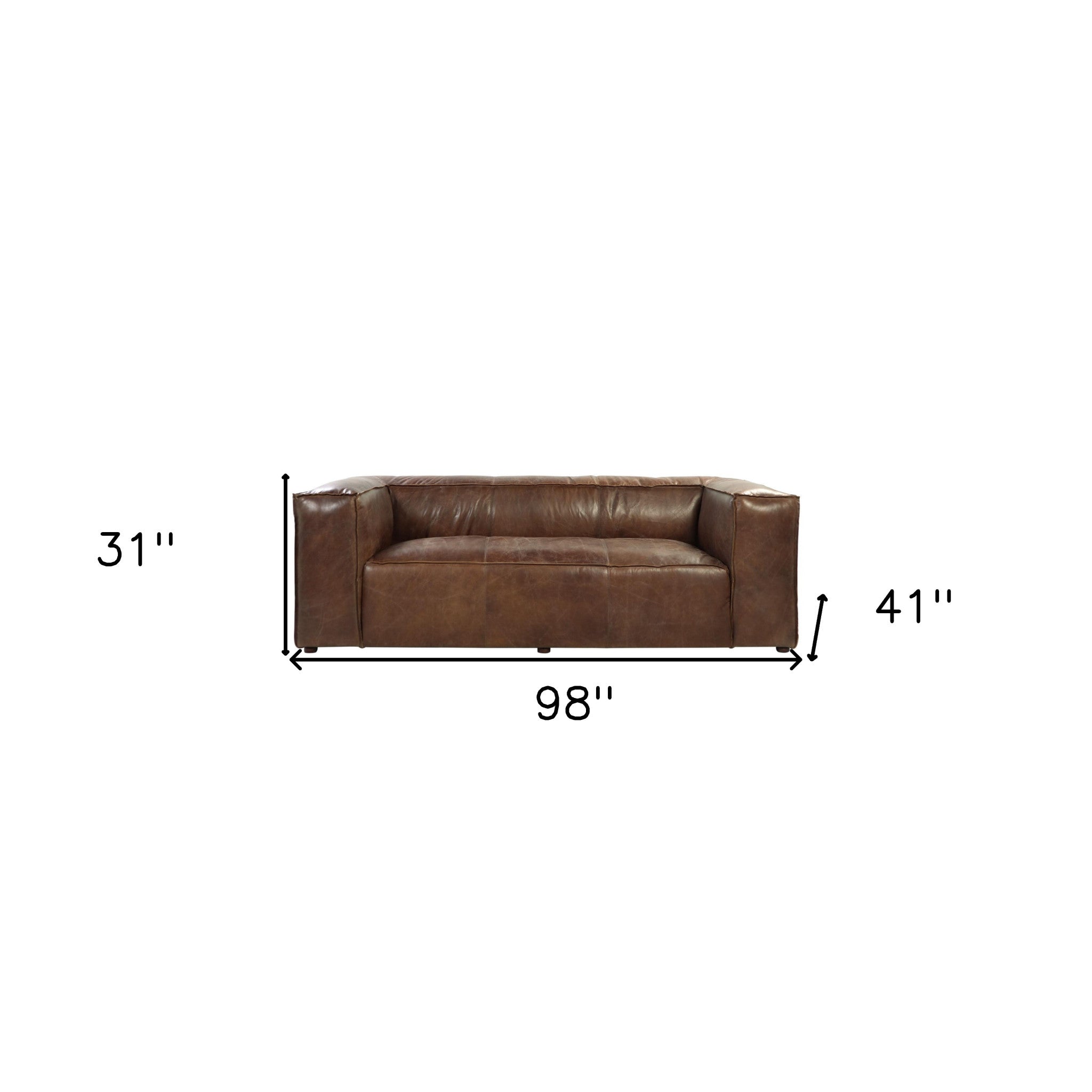 98" Brown Top-Grain Leather Tuxedo Sofa