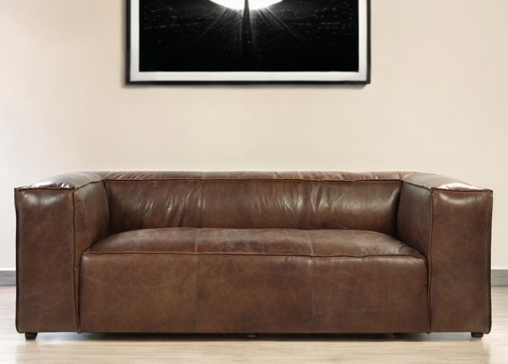 98" Brown Top-Grain Leather Tuxedo Sofa