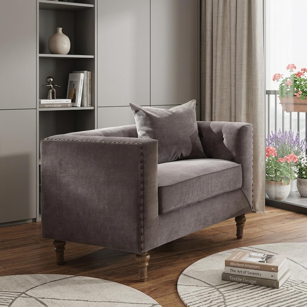41" Gray Velvet Tuxedo Tufted Armchair