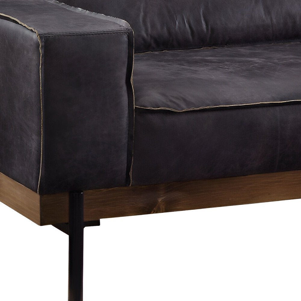 96" Black Top Grain Leather Track Arm Sofa