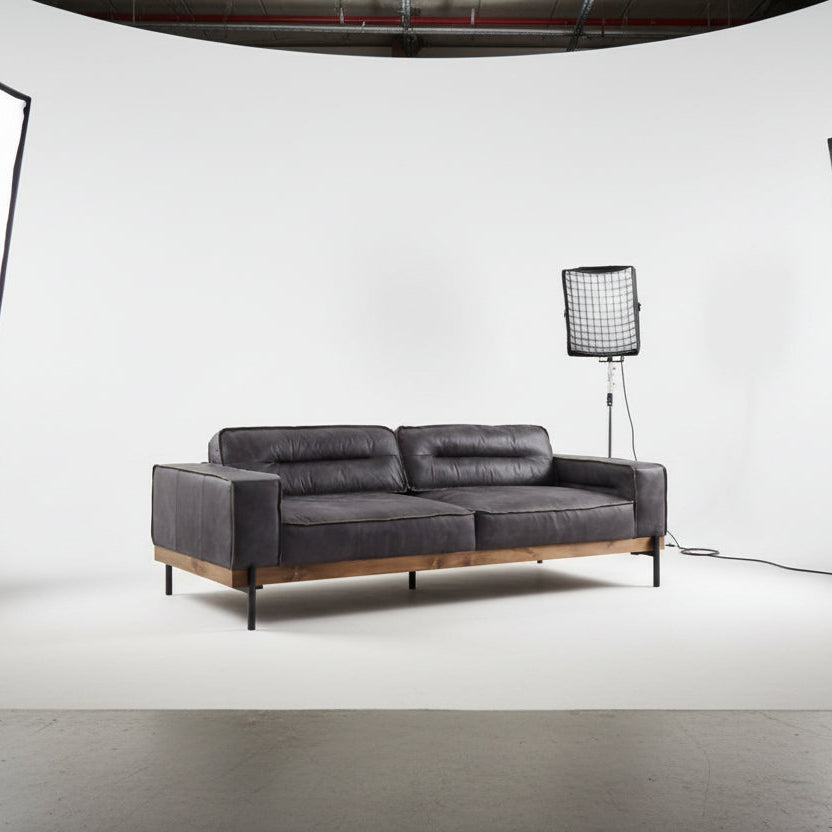 96" Black Top Grain Leather Track Arm Sofa