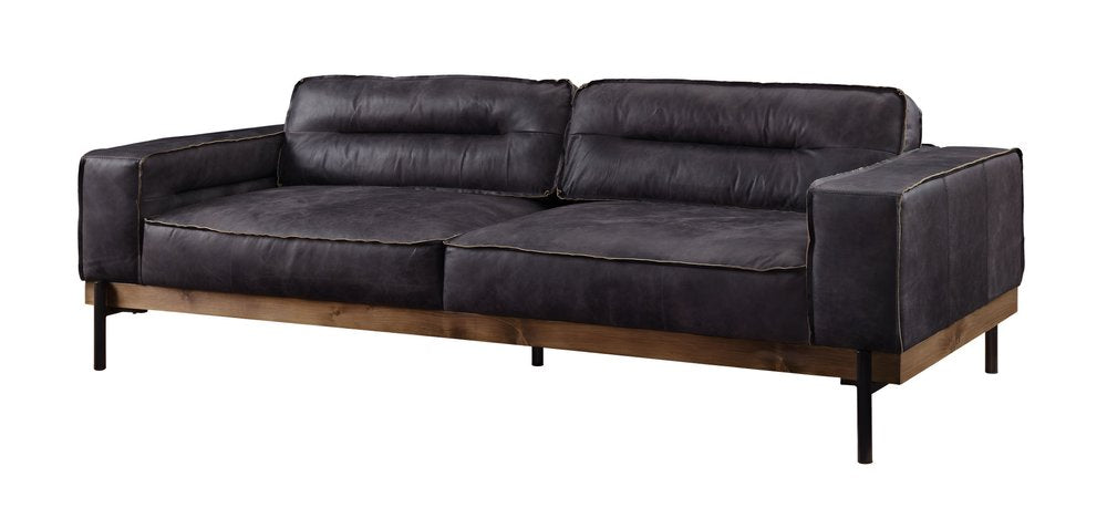 96" Black Top Grain Leather Track Arm Sofa