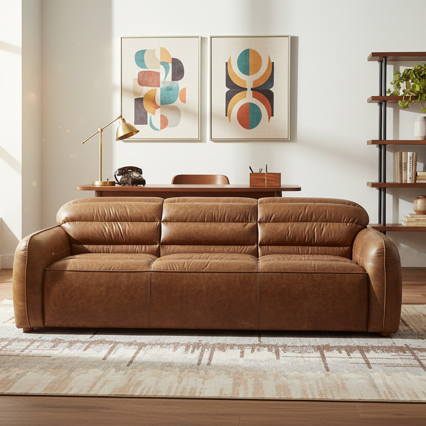 95" Brown Top-Grain Leather Seam Arm sofa