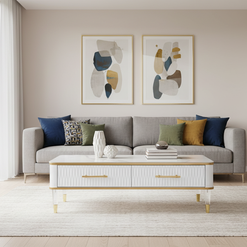 47" White and Gold Stone Ceramic Coffee Table