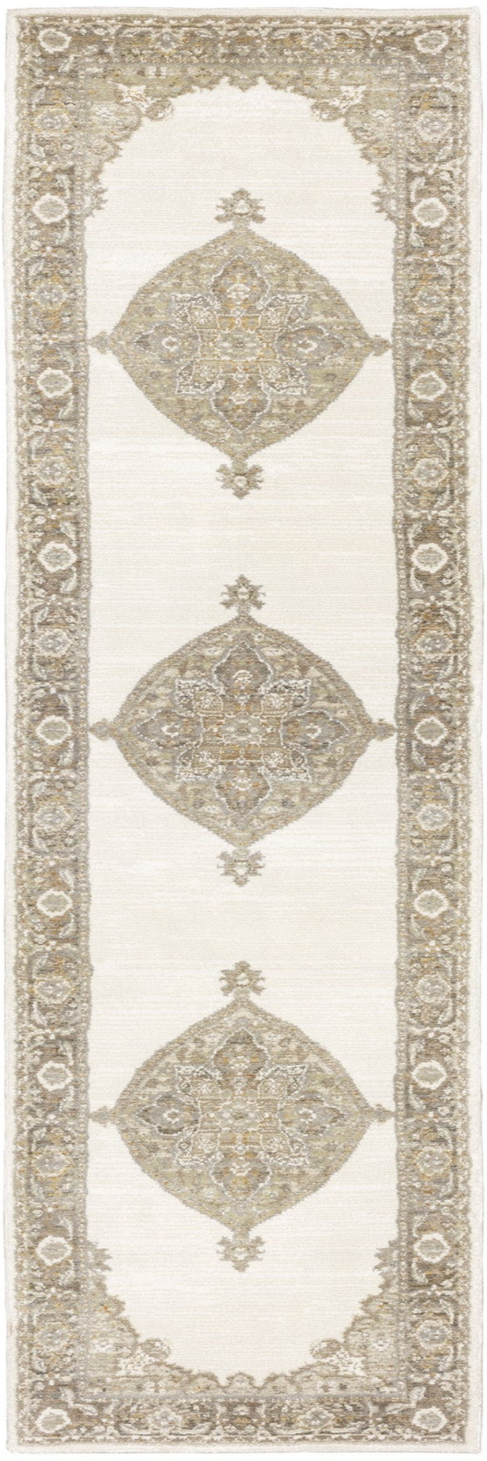 2' x 12' White and Beige 3 Medallion Runner Rug
