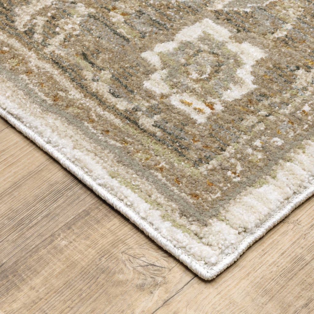 2' x 12' White and Beige 3 Medallion Runner Rug