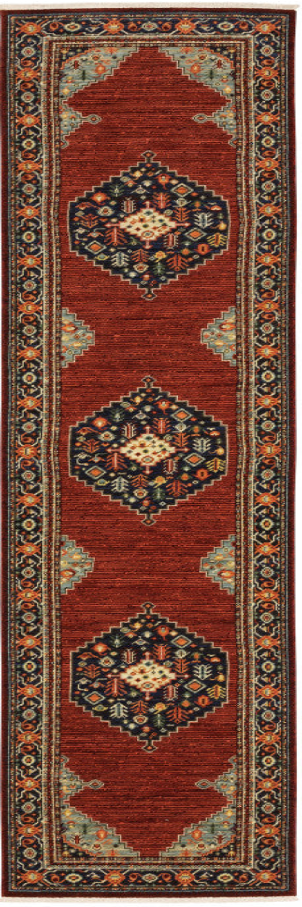 2' X 10' Red, Black, and Beige Medallion Fringe Rug
