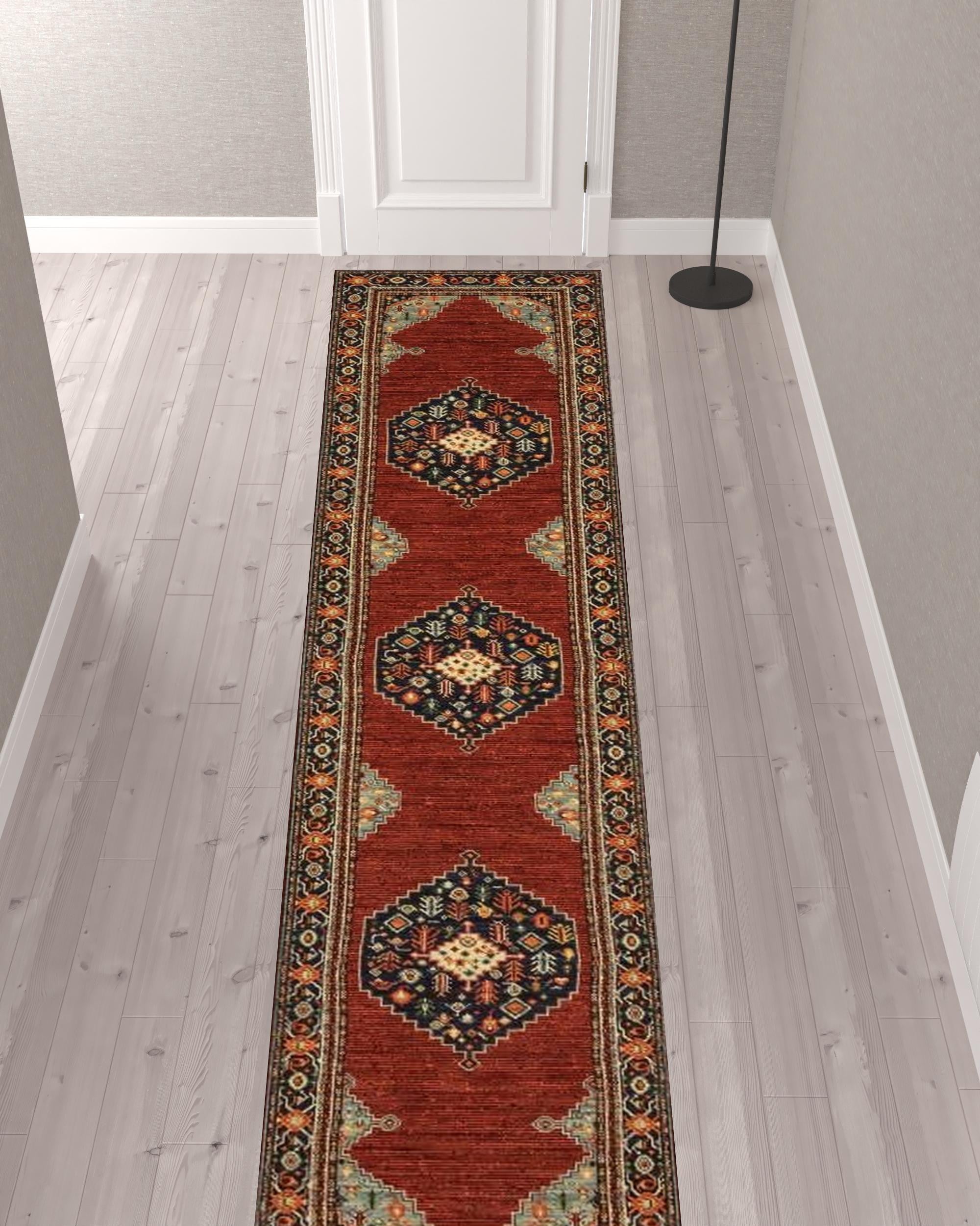 2' X 10' Red, Black, and Beige Medallion Fringe Rug