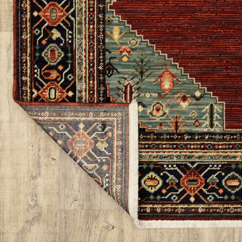 2' X 10' Red, Black, and Beige Medallion Fringe Rug