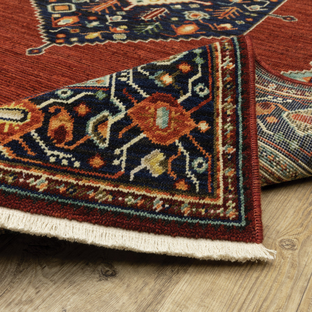 2' X 10' Red, Black, and Beige Medallion Fringe Rug