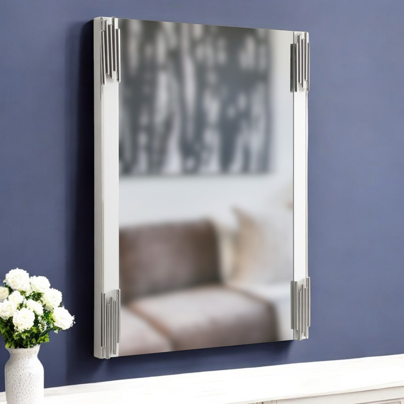58" White and Silver Metal Deco Accent Mirror