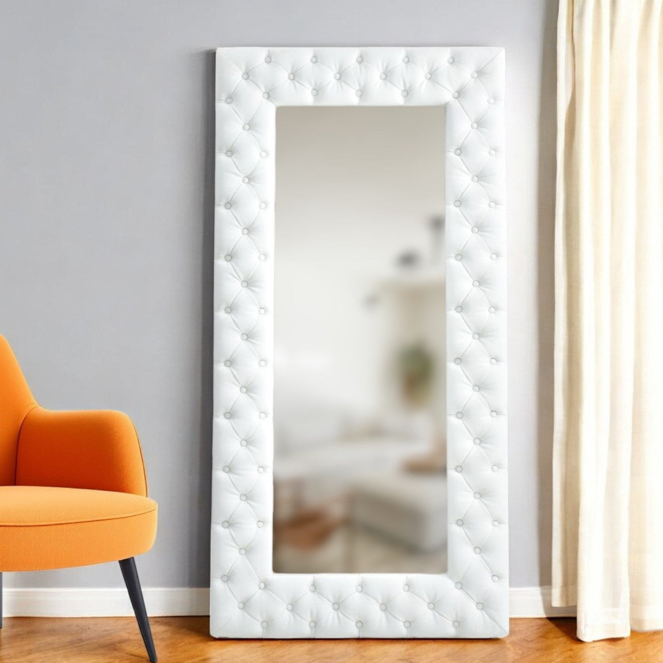 80" White Tufted Faux Leather Standing Mirror