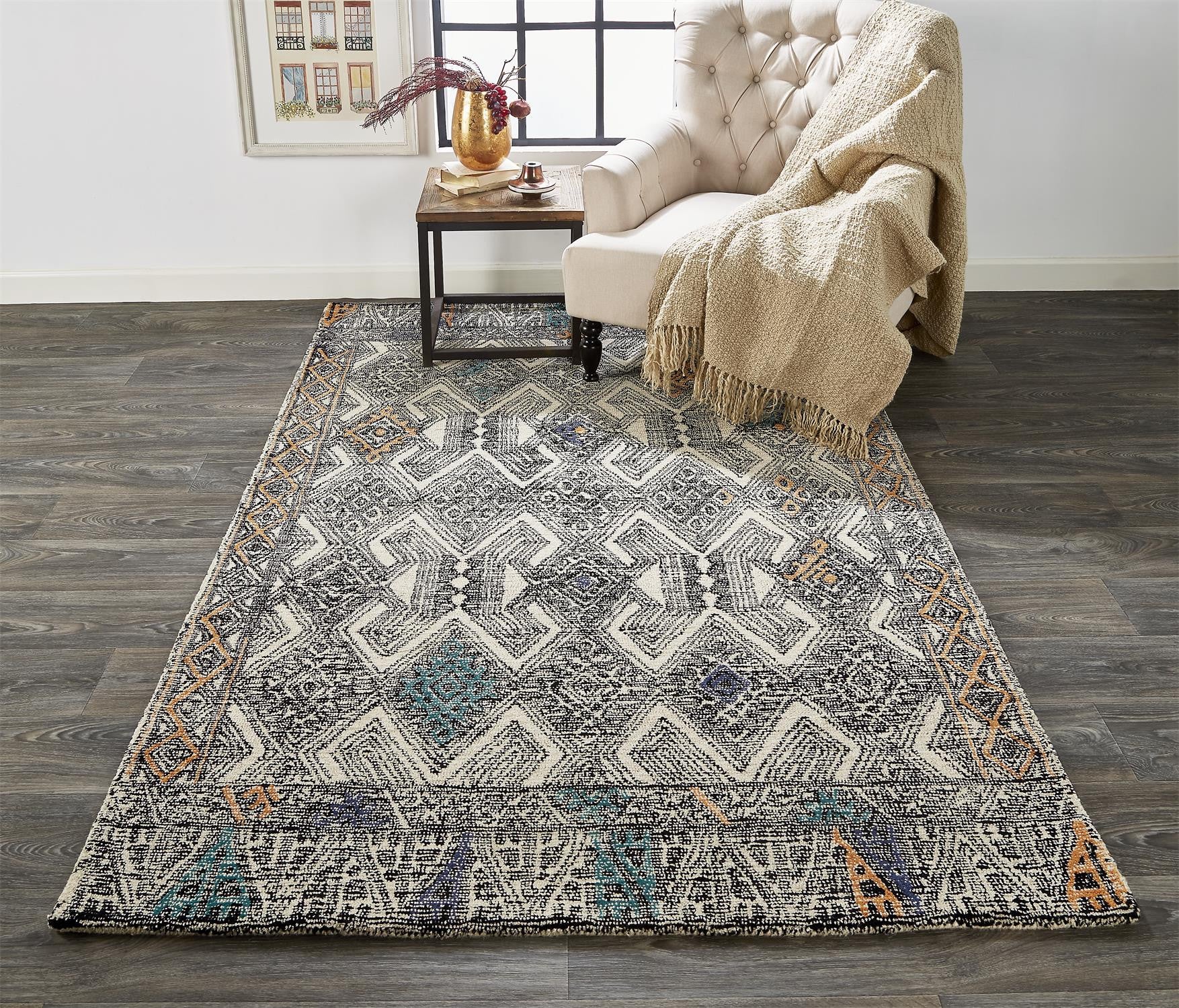 Ivory and Green Geometric Wool Rug