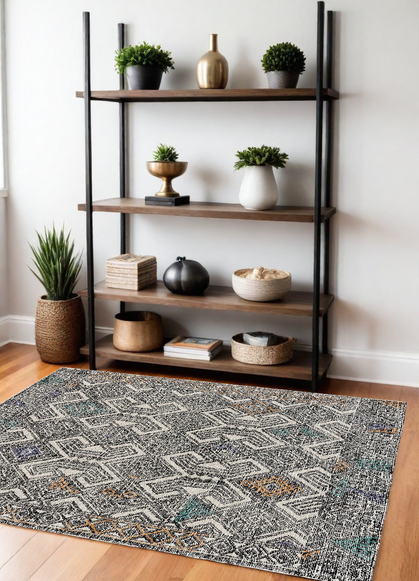 Ivory and Green Geometric Wool Rug