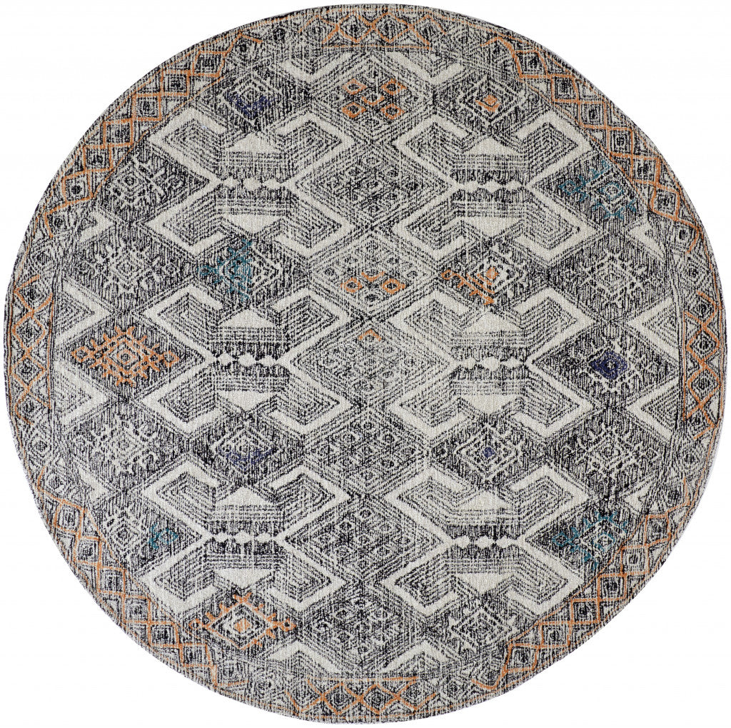 2' x 8' Ivory and Green Geometric Wool Round Rug