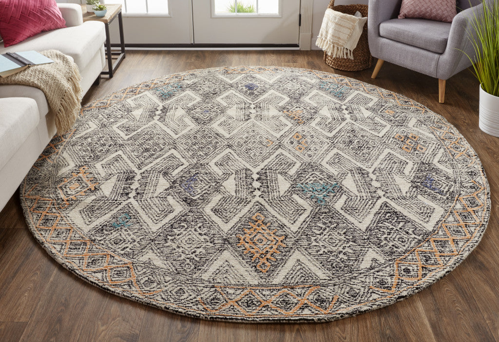 2' x 8' Ivory and Green Geometric Wool Round Rug