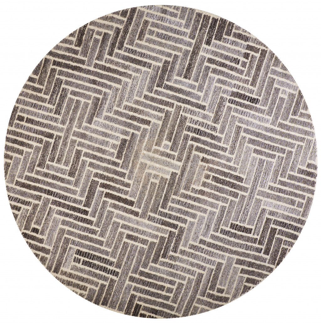 8' Taupe, Gray, And Tan Round Geometric Tufted Rug