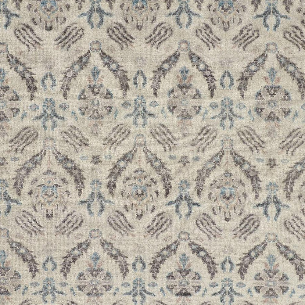 Gray and Ivory Floral Wool Hand Knotted Rug with Fringe
