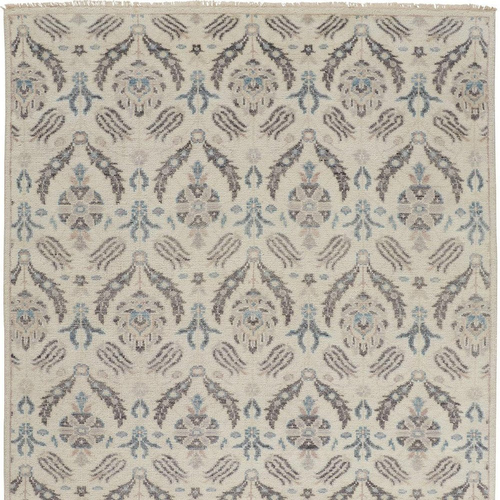 Gray and Ivory Floral Wool Hand Knotted Rug with Fringe