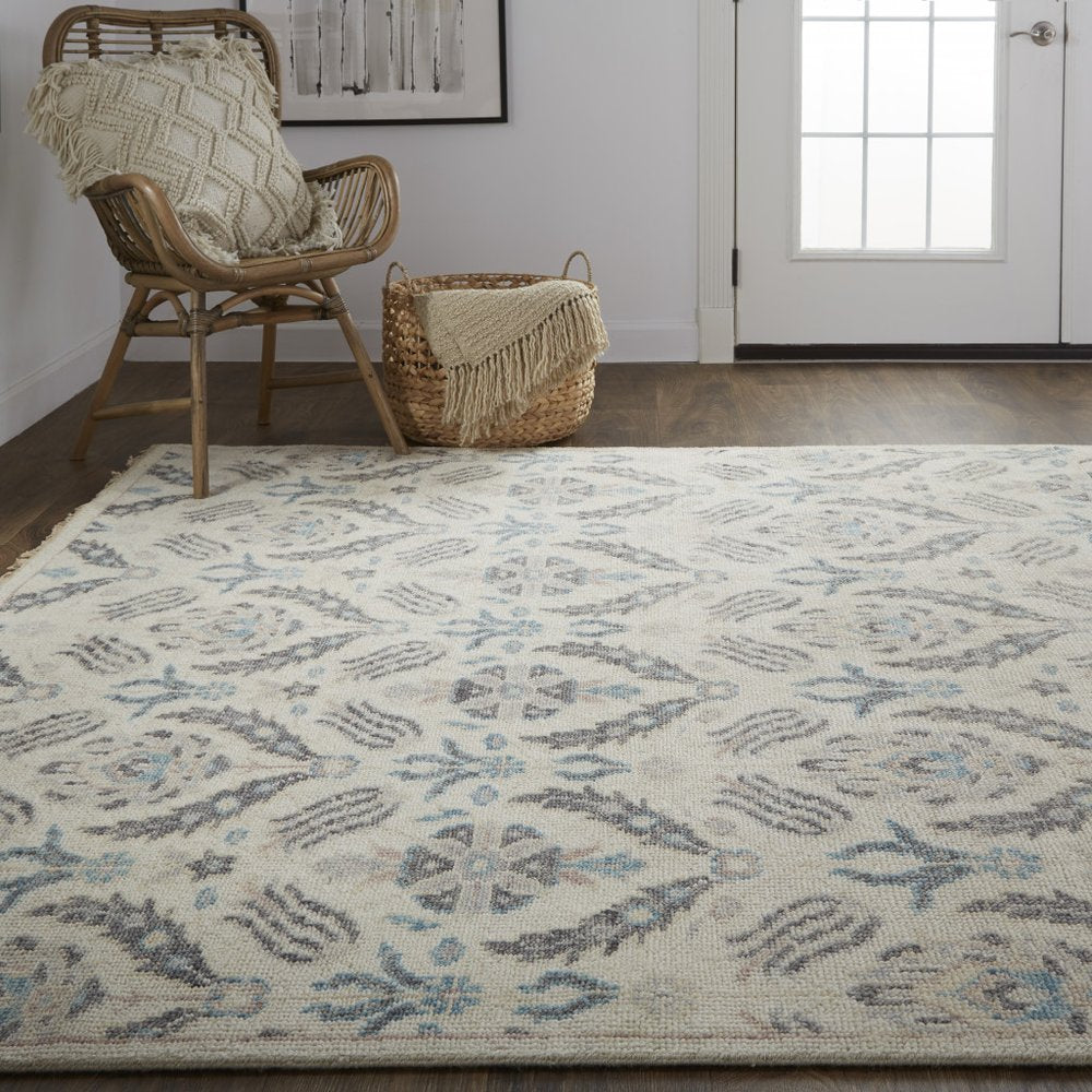 Gray and Ivory Floral Wool Hand Knotted Rug with Fringe