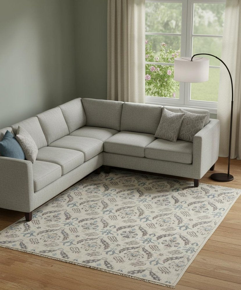 Gray and Ivory Floral Wool Hand Knotted Rug with Fringe