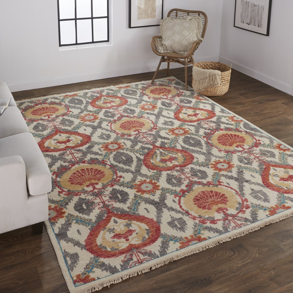 Orange and Ivory Floral Wool Hand Knotted Rug with Fringe