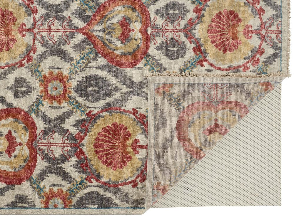 Orange and Ivory Floral Wool Hand Knotted Rug with Fringe