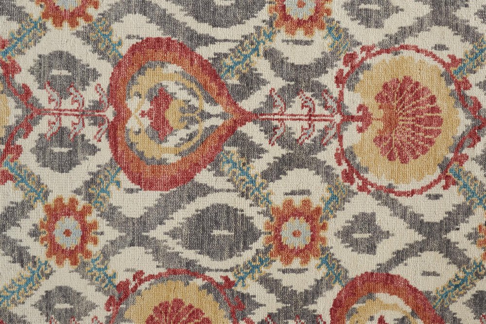 Orange and Ivory Floral Wool Hand Knotted Rug with Fringe