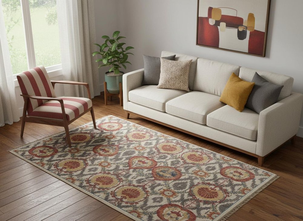 Orange and Ivory Floral Wool Hand Knotted Rug with Fringe