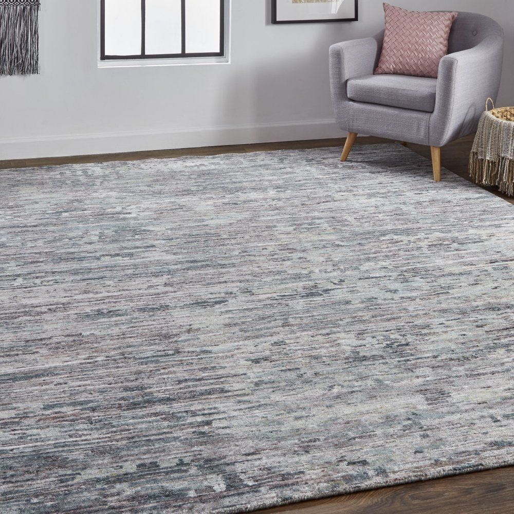 2' x 8' Blue and Gray Hand Knotted Wool Abstract Runner Rug