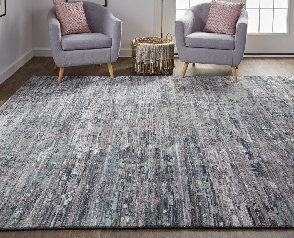 2' x 8' Blue and Gray Hand Knotted Wool Abstract Runner Rug