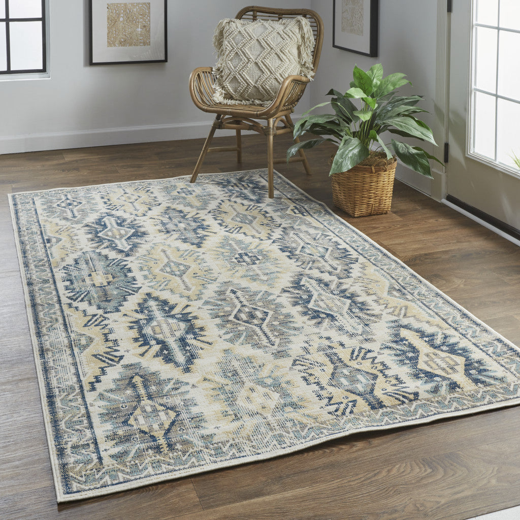 Green, Blue and Ivory Distressed Turkish Rug