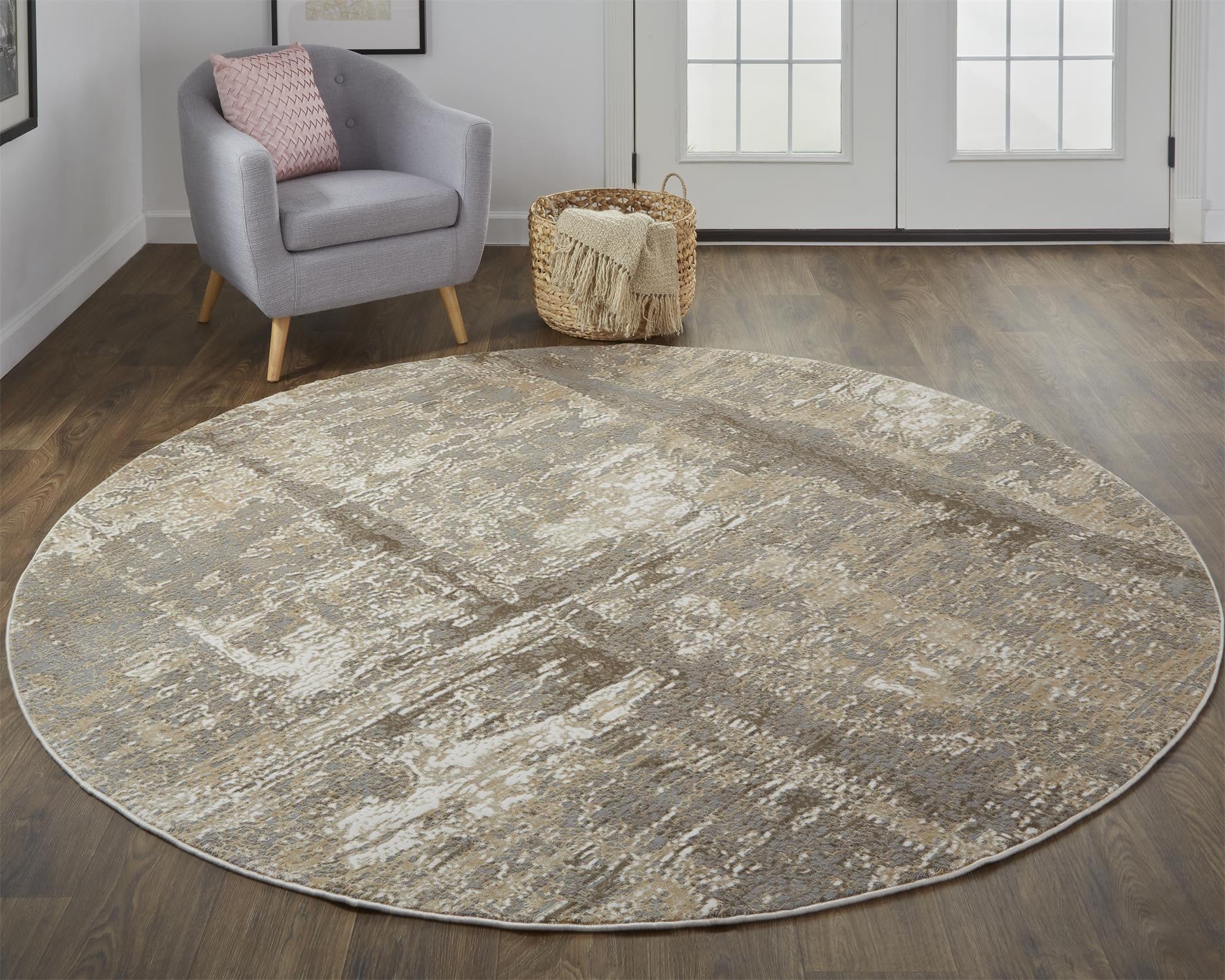 8' Tan Ivory And Brown Round Abstract Area Rug