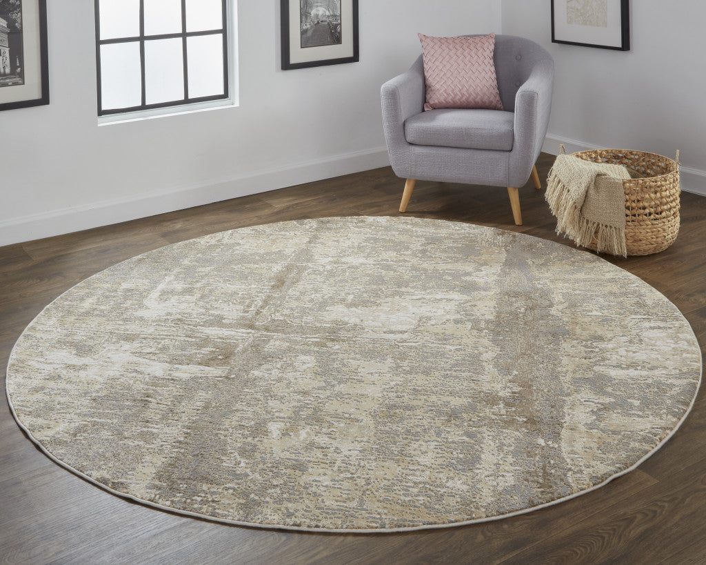 8' Tan Ivory And Brown Round Abstract Area Rug