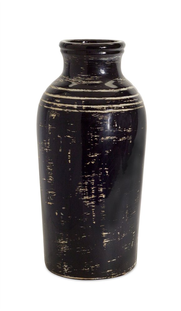 18" Black and Ivory Striped Urn Floor Vase